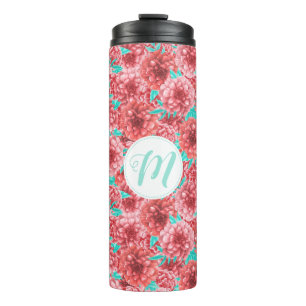 Coral Floral Pattern & Monogram Thermal Tumbler