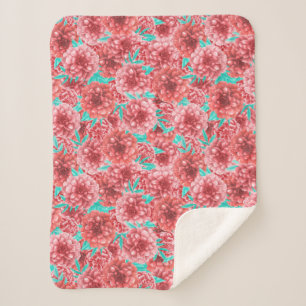 Coral Floral Pattern Sherpa Blanket