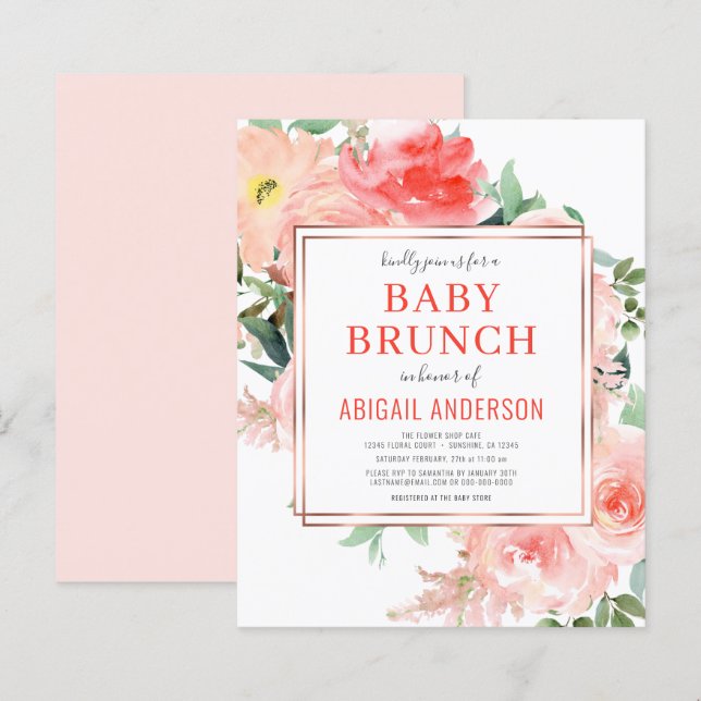 Coral Floral Peach Baby Brunch Invitation  (Front/Back)