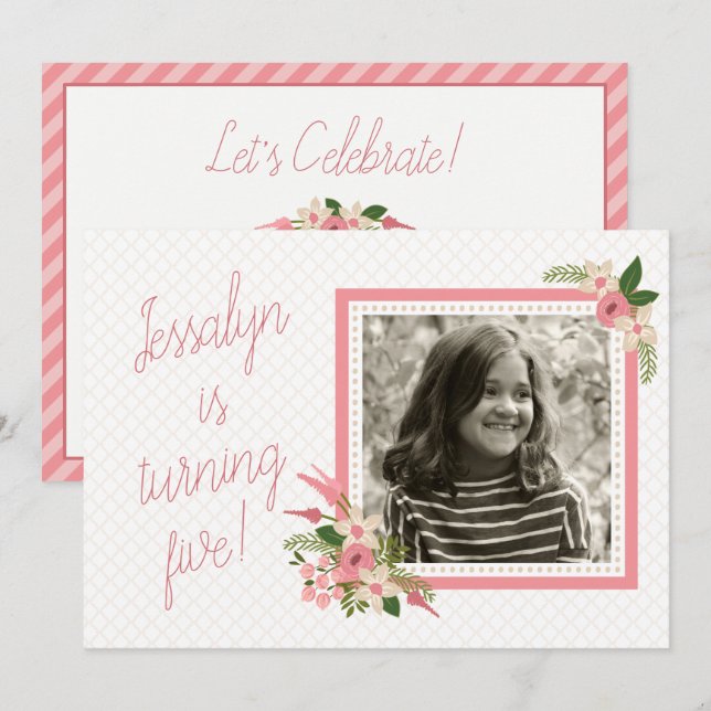 Coral Floral Photo Birthday Invitation - Two-sided (Front/Back)