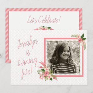 Coral Floral Photo Birthday Invitation - Two-sided