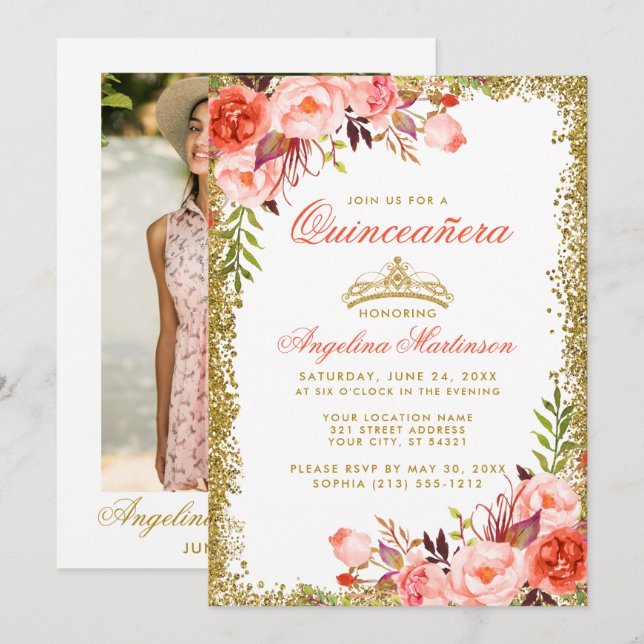 Coral Floral Quinceanera Gold Glitter Photo Invitation (Front/Back)