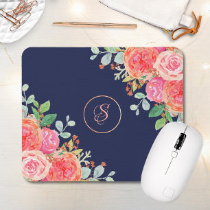 Coral Floral Rose Gold Glitter Monogram Navy Mouse Mat