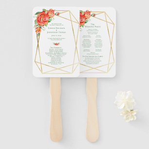 Coral Floral Roses Wedding Hand Fan Program