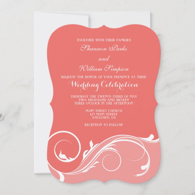 Coral Floral Swirl Bracket Wedding Invites (Front)