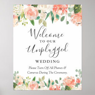 Coral Floral Unplugged Wedding Ceremony Sign