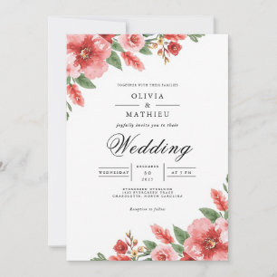 Coral Floral Watercolor Romance Wedding Invitation