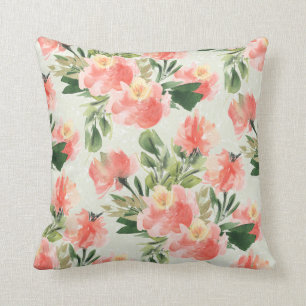 Coral Floral Watercolor Throw Pillow 16x16
