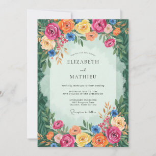 Coral Floral Watercolor Whimsy Wedding Invitation