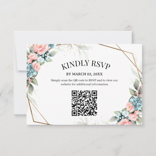Coral Floral Wedding RSVP Card with QR Code  (Front)