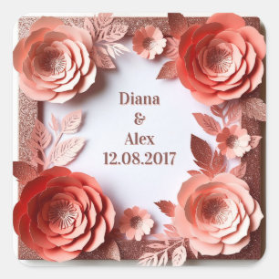 💍 Coral Floral Wedding with gold glitter accents Square Sticker