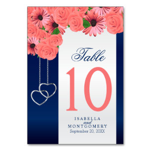 Coral Flower and Navy Blue   Table Cards