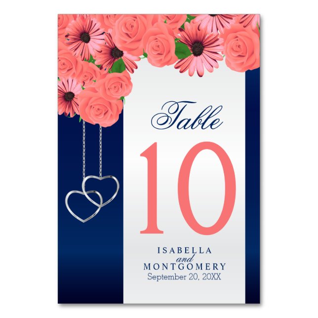 Coral Flower and Navy Blue | Table Cards (Front)