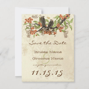 Coral Flower Branch Vintage Birds Save the Date Invitation