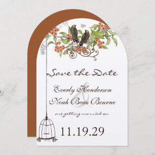 Coral Flower Branch Vintage Birds Save the Date Invitation