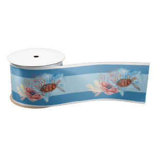 Coral flower Turtle blue watercolor illustration  Satin Ribbon