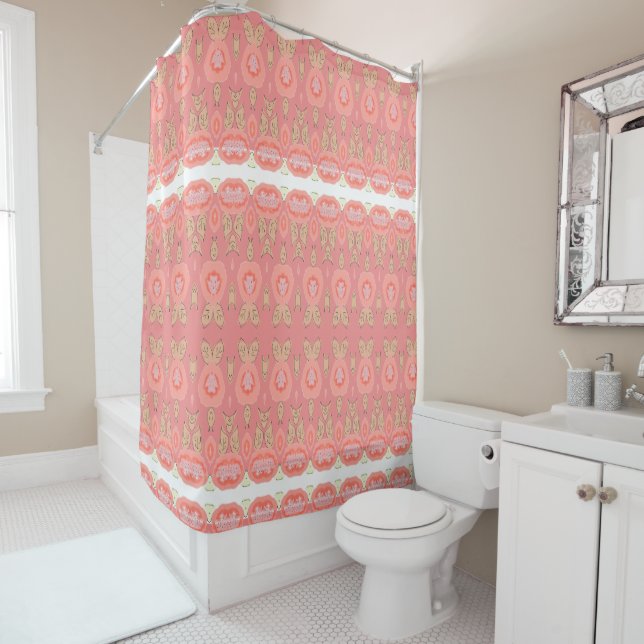 Coral Flowered Shower Curtain (In Situ)