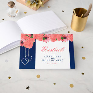Coral Flowers and Navy Blue Guest Book