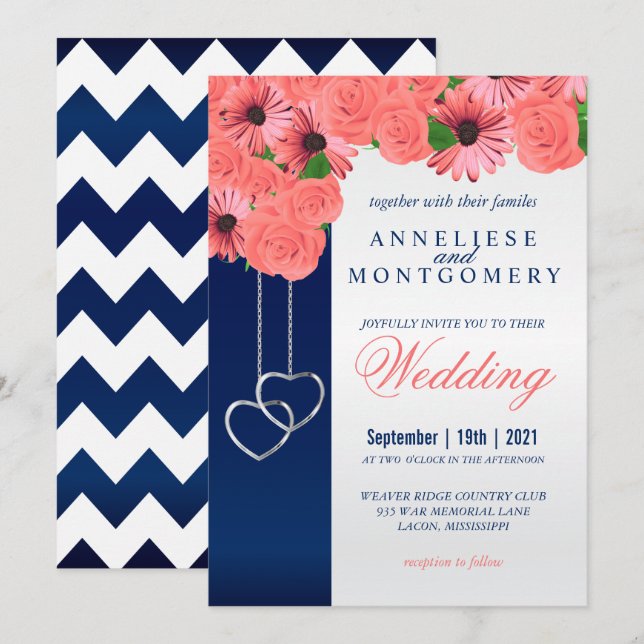 Coral Flowers and Navy Blue Invitation (Front/Back)