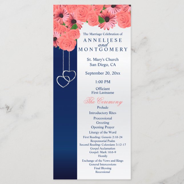 Coral Flowers and Navy Blue - Program Programme (Front)