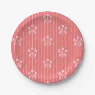 Coral Flowers and Stripes Paper Plate