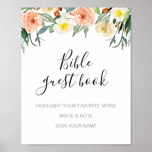 Coral Flowers Bible Guest Book Wedding Sign (Front)