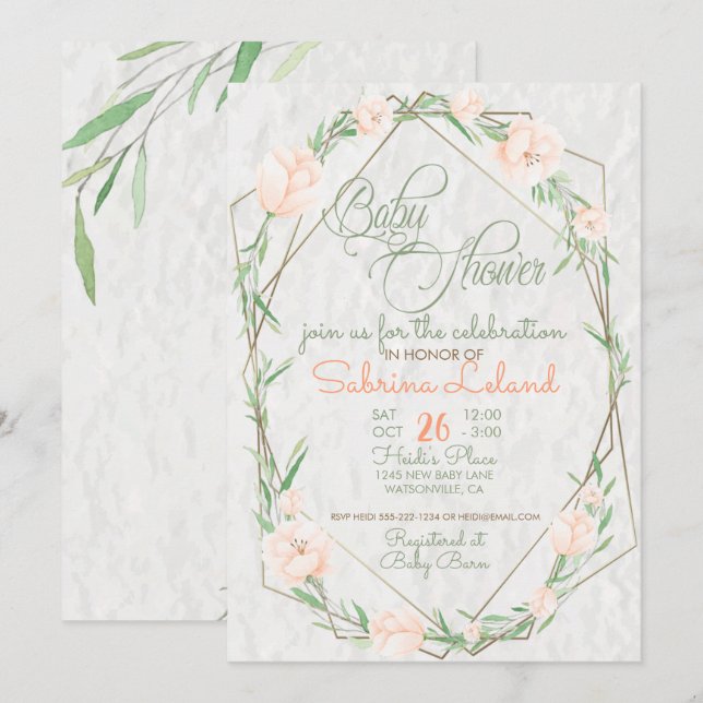 Coral Flowers Greenery Terrarium  Baby Shower Invitation (Front/Back)