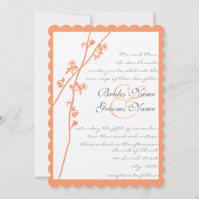 Coral Flowers Grey Font Wild Flower Branch Wedding Invitation (Front)