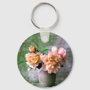 Coral Flowers in Grey Vase Pink Orange Key Ring