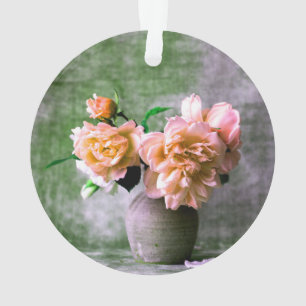 Coral Flowers in Grey Vase Pink Orange Ornament