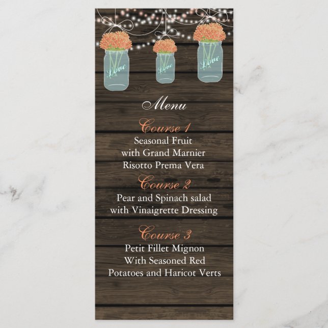 coral flowers mason jar wedding menu cards (Front)
