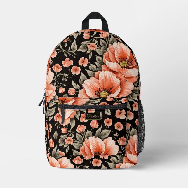 Coral Flowers on Black Printed Backpack (Front)