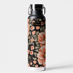 Coral Flowers on Black Water Bottle