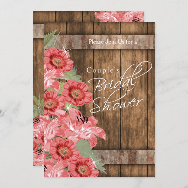 Coral Flowers on Rustic Wood - Bridal Shower Invitation (Front/Back)