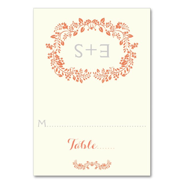 Coral foliage frame & initials wedding place card (Front)