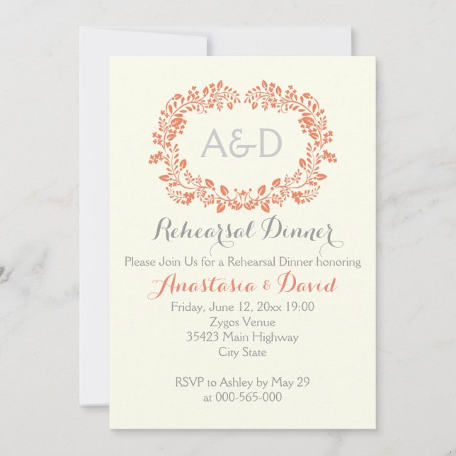Coral foliage initials wedding rehearsal dinner invitation (Front)