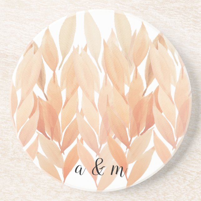 Coral Foliage Watercolor Monogrammed Coaster (Front)