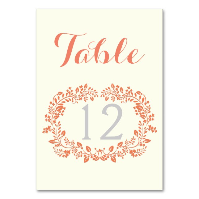 Coral foliage wreath frame wedding table number (Front)