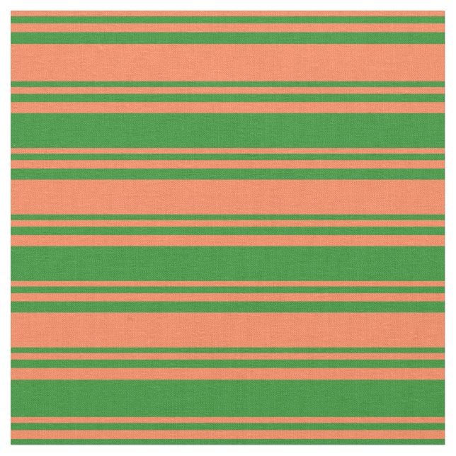Coral & Forest Green Lined/Striped Pattern Fabric (Close Up)