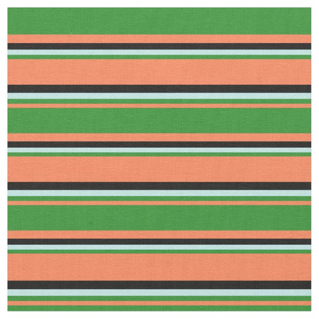 Coral, Forest Green, Turquoise & Black Pattern Fabric (Close Up)