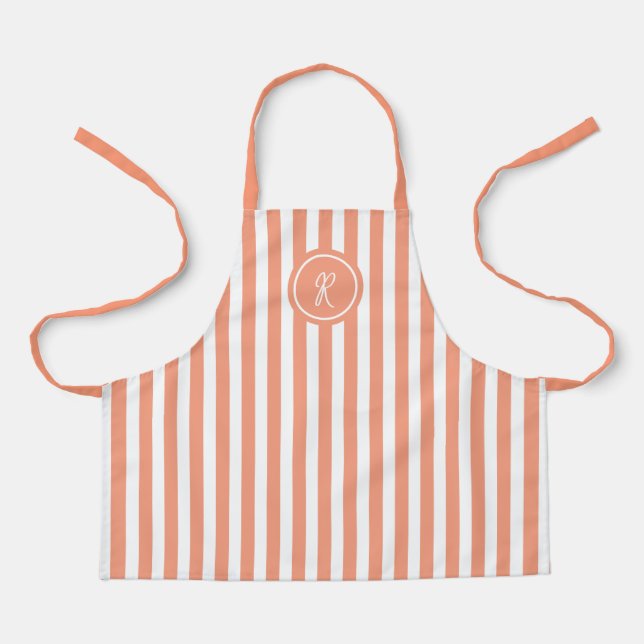 Coral French Beach Stripe Personalised Monogram Apron (Front)