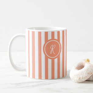 Coral French Beach Stripe Personalised Monogram Coffee Mug