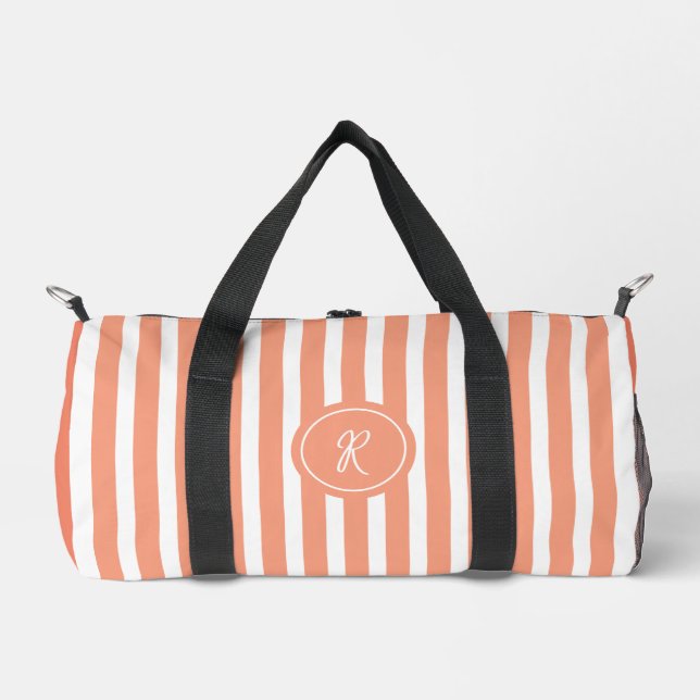 Coral French Beach Stripe Personalised Monogram Duffle Bag (Front)