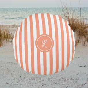 Coral French Beach Stripe Personalised Monogram Round Cushion