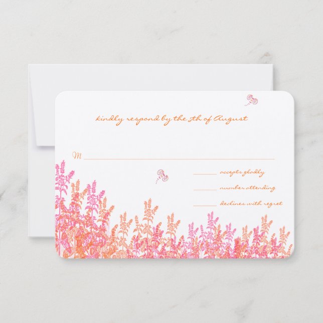 Coral & Fuchia Wild Flower Bee Wedding RSVP (Front)