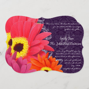 Coral Fuchsia Eggplant Gerber Daisy Wedding Invitation