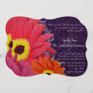 Coral Fuchsia Eggplant Gerber Daisy Wedding Invitation
