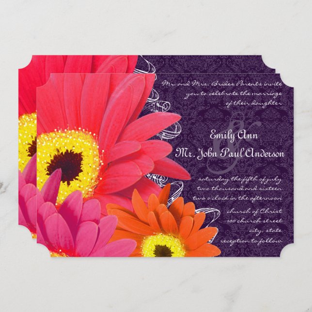 Coral Fuchsia Eggplant Gerber Daisy Wedding Invitation (Front/Back)