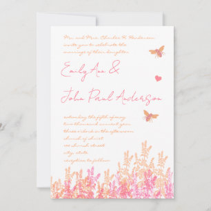 Coral & Fuchsia Flower Bumble Bee Wedding Invites