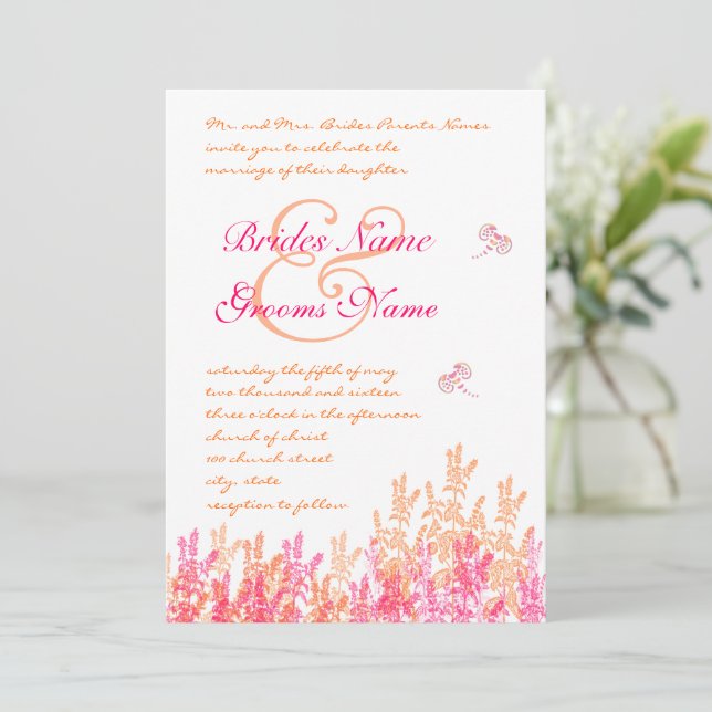 Coral & Fuchsia Flower Butterfly Wedding Invites (Standing Front)